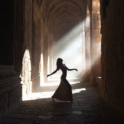 Woman dancing in sunlit stone cloister