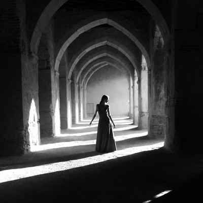 Woman in long dress in arched hallway
