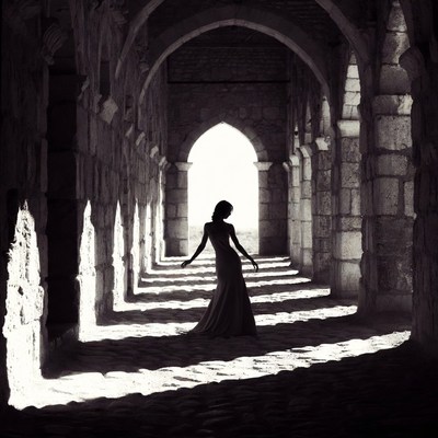 Woman in gown walking arched cloister