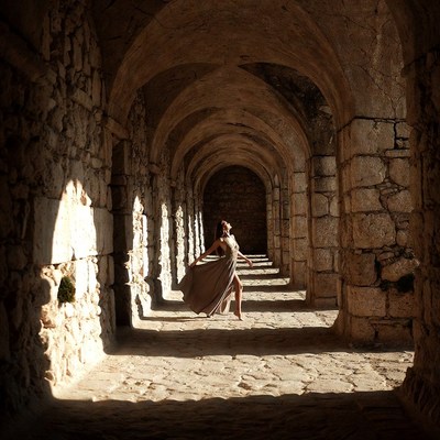 Woman dancing in stone arched hallway