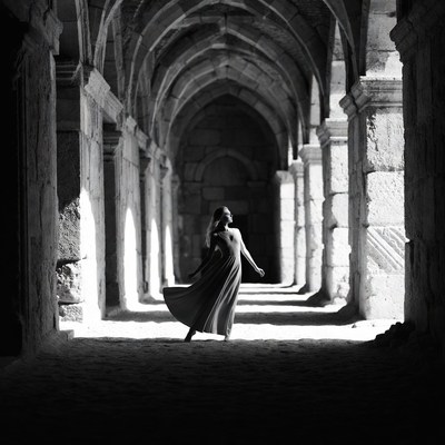 Woman dancing in stone arched corridor