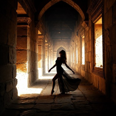 Woman dancing in ancient arched corridor
