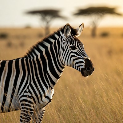 Zebra standing in golden savanna grass