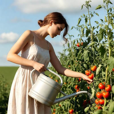 Woman watering tomato plants