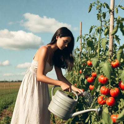 Woman watering tomato plants