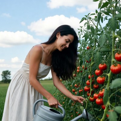 Woman watering tomato plants