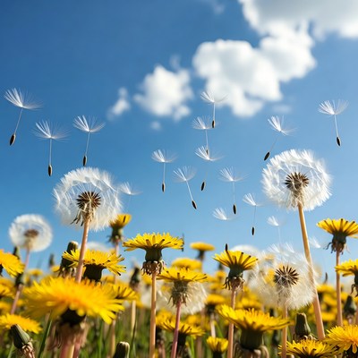 Dandelion Seeds Flying in Blue Sky