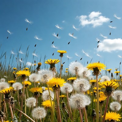Dandelion Seeds Flying in Field
