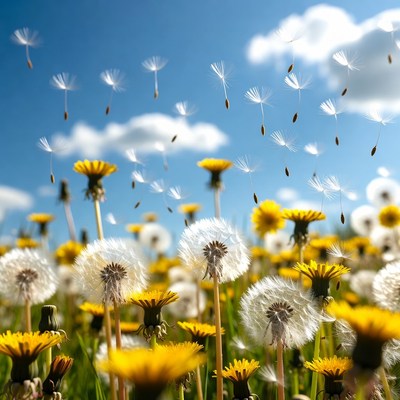 Dandelion Seeds Flying in Field
