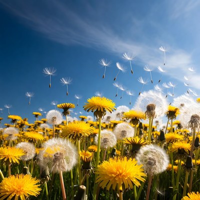 Dandelion Field Under Blue Sky