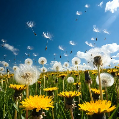 Dandelion Seeds Flying in Blue Sky