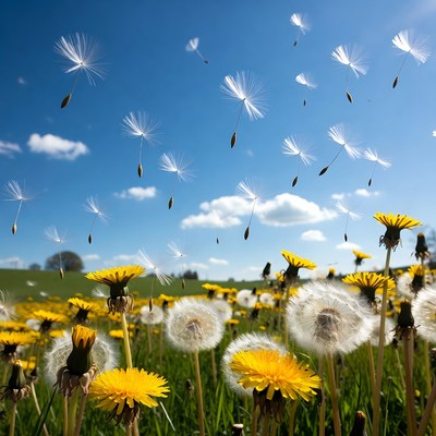 Dandelion Seeds Flying in Blue Sky