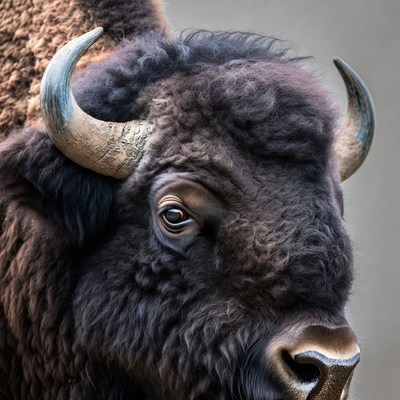 Closeup bison head with curved horns