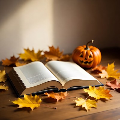 Open Book with Jack-o-Lantern and Autumn Leaves
