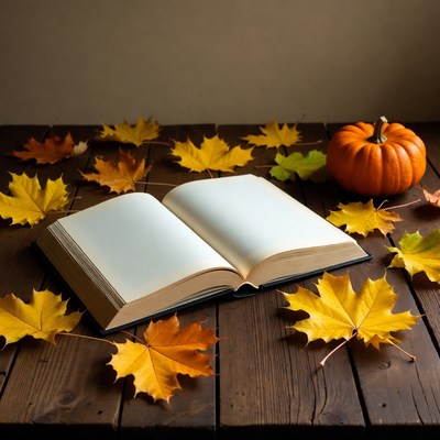 Open Book with Pumpkin and Autumn Leaves