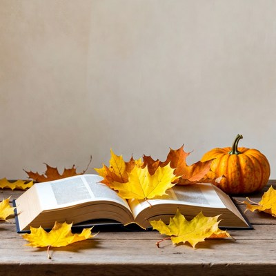 Open Book with Autumn Leaves and Pumpkin