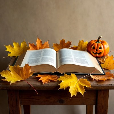 Open Book with Pumpkin and Autumn Leaves