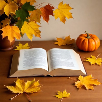 Open Book with Pumpkin and Autumn Leaves