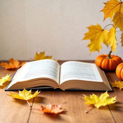 Open book with autumn leaves pumpkins