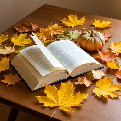 Open Book with Pumpkin and Autumn Leaves