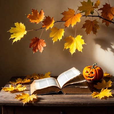 Open book with jack-o-lantern and autumn leaves