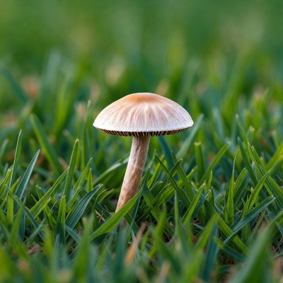 Brown mushroom growing in green grass