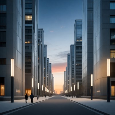 Silhouettes Walking in Modern Skyscraper Street
