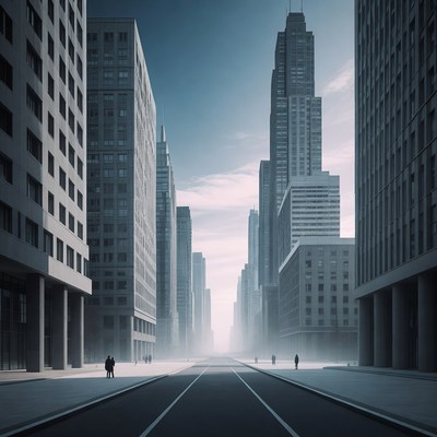 Foggy Skyscraper Street with People