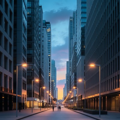Couple walking in skyscraper street at dusk