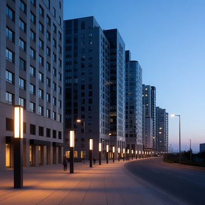 Modern Skyscrapers at Twilight with Streetlights