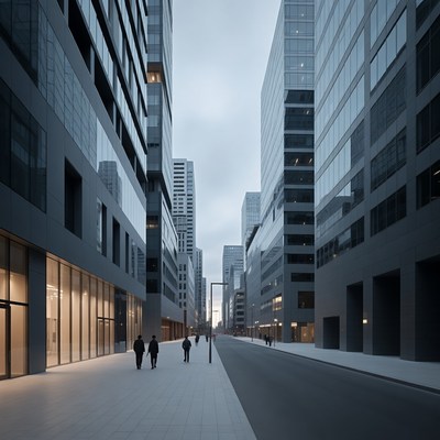 Modern Skyscrapers with Pedestrians on Urban Street