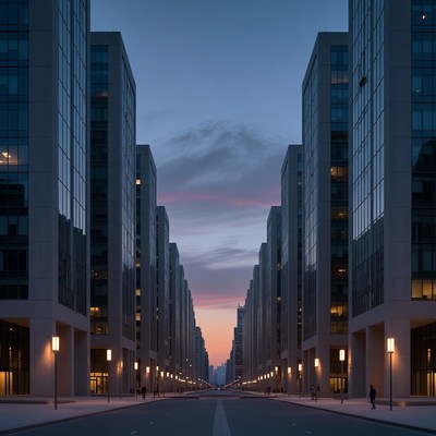 Tall glass skyscrapers at sunset