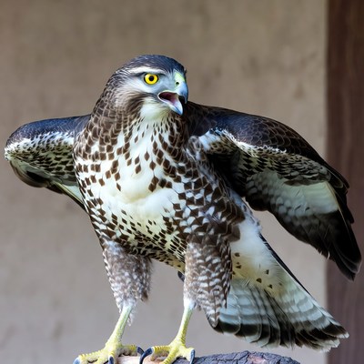 Hawk spreading wings on perch