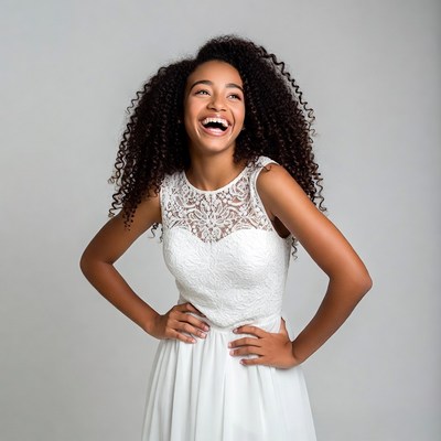 African-American woman laughing in white lace dress