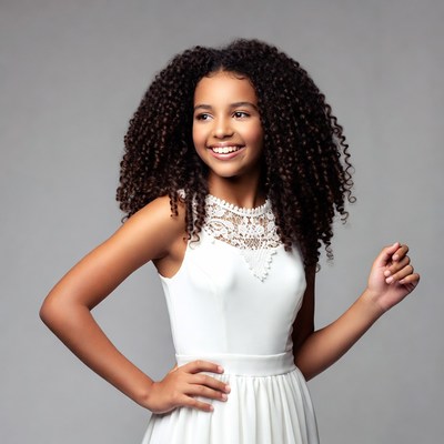 African-American girl in white lace dress