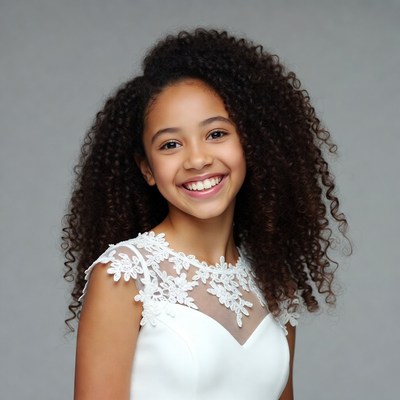 Smiling girl with curly hair in lace dress