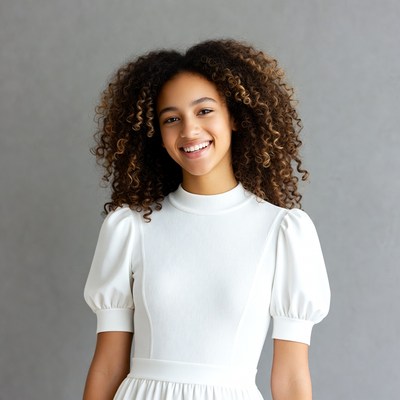 Smiling African-American girl in white dress