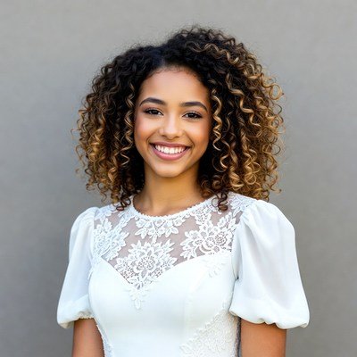 Smiling woman with curly hair in lace top