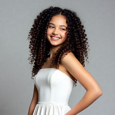 Smiling girl with curly hair in white dress