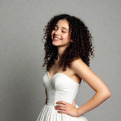 Smiling girl in white lace wedding dress