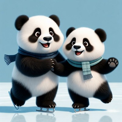 Cute pandas ice skating together