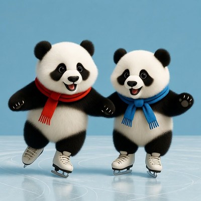 Two Pandas Ice Skating with Scarves
