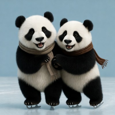 Two cute pandas ice skating