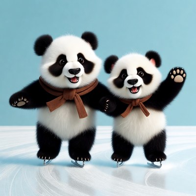 Cute Pandas Ice Skating Together