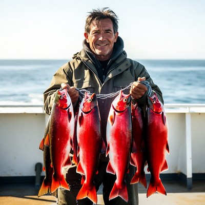 Man holding red fish on boat