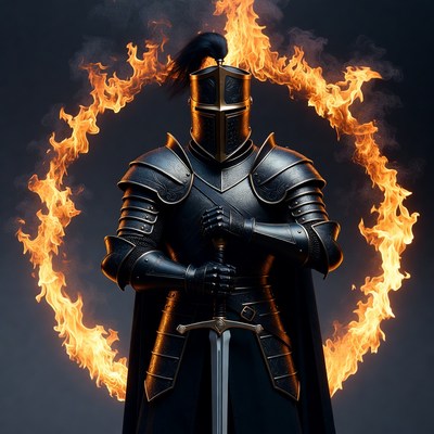Knight in Armor with Sword in Fire Circle