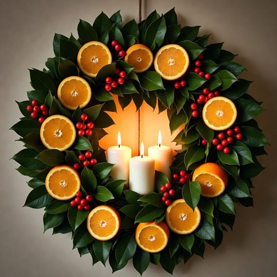 Christmas wreath with oranges and candles