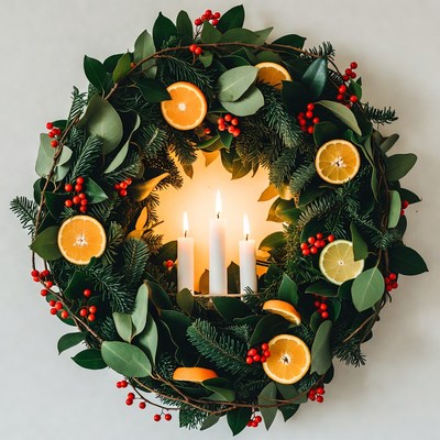 Christmas Wreath with Oranges and Candles
