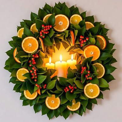 Orange Wreath with Lit Candles