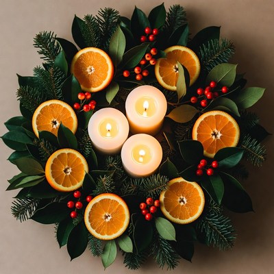 Christmas Wreath with Oranges and Candles